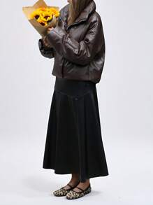 GENKIRA 年轻通勤风格宽松 PU 皮革外观宽翻领加厚棉服外套冬季罗纹袖口保暖防寒仿皮飞行员加厚保暖聚酯纤维合成保暖冬季外套冬季夹克外套带博格衬里 - 巧克力棕 - 查看 5