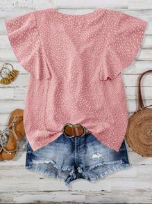 Linhara Plus Size Women Polka Dot V-Neck Ruched Puff Sleeve Blouse - Pink - View 2