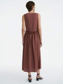 Aalyst Sleeveless Round Neck Ruffle Pleated Loose Lining Dress - Brown - View 2