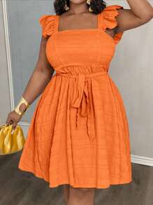 Slaydiva 2025年新款狂欢/复活节服装、老钱风格、乡村音乐会服装、外出服装、仙女风、节日服装、热带度假服装、女士夏季服装、夏季、狂欢、欧洲夏季、春季服装、大码女士西部服装、音乐会、毕业服装、纯色荷叶边收腰袖A字迷你连衣裙、休闲、海滩、性感 - 橘色 - 查看 1