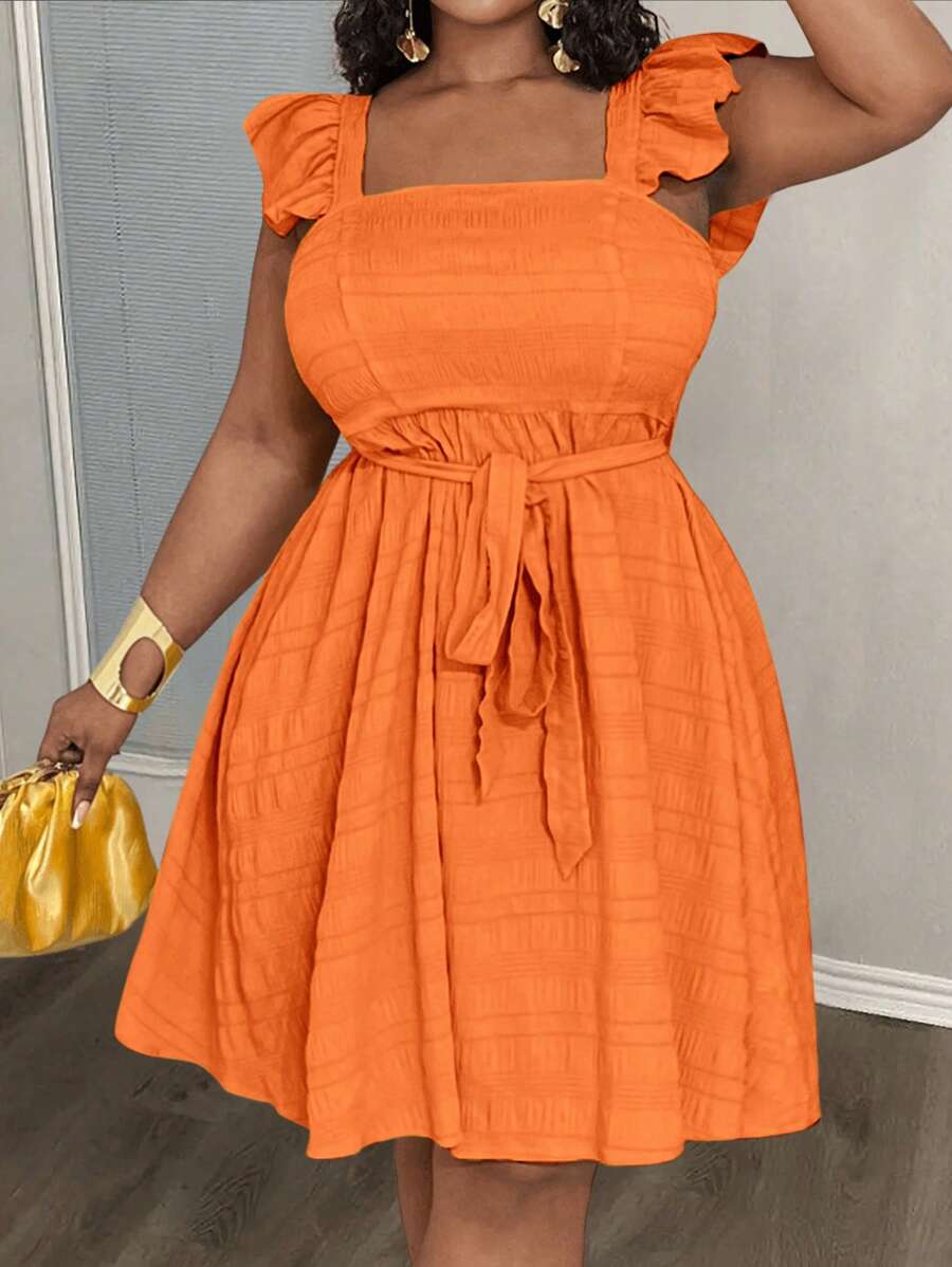 Slaydiva 2025年新款狂欢/复活节服装、老钱风格、乡村音乐会服装、外出服装、仙女风、节日服装、热带度假服装、女士夏季服装、夏季、狂欢、欧洲夏季、春季服装、大码女士西部服装、音乐会、毕业服装、纯色荷叶边收腰袖A字迷你连衣裙、休闲、海滩、性感 - 橘色 - 查看 1