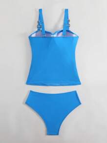 Swim Lushoire 2 件纯色聚拢加厚吊带女式泳衣套装，带金属五金装饰和高腰比基尼泳裤 - 藍色 - 查看 7