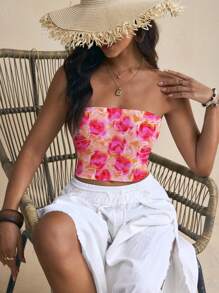 Livia Canto Studio Top casual de mujer corto y ajustado con bandeau, estampado de leopardo y floral, adecuado para el verano