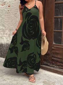 EMERY ROSE Vestido largo con tirantes estampado de rosas blancas para mujer de talla grande - Verde Oscuro - Ver 1
