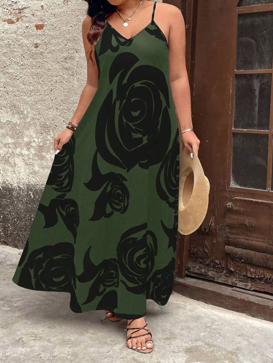 EMERY ROSE Vestido largo con tirantes estampado de rosas blancas para mujer de talla grande - Verde Oscuro - Ver 1