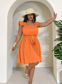 Slaydiva 2025年新款狂欢/复活节服装、老钱风格、乡村音乐会服装、外出服装、仙女风、节日服装、热带度假服装、女士夏季服装、夏季、狂欢、欧洲夏季、春季服装、大码女士西部服装、音乐会、毕业服装、纯色荷叶边收腰袖A字迷你连衣裙、休闲、海滩、性感 - 橘色 - 查看 7