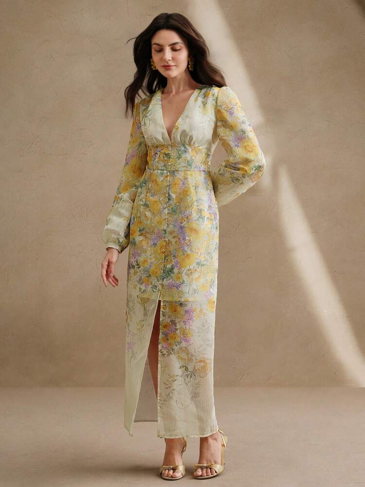 V-Neck Button Design Long Sleeve Lantern Sleeve Split Waisted Floral Print Maxi Dress, Elegant For Vacation, Spring/Summer, Festival, Graduation