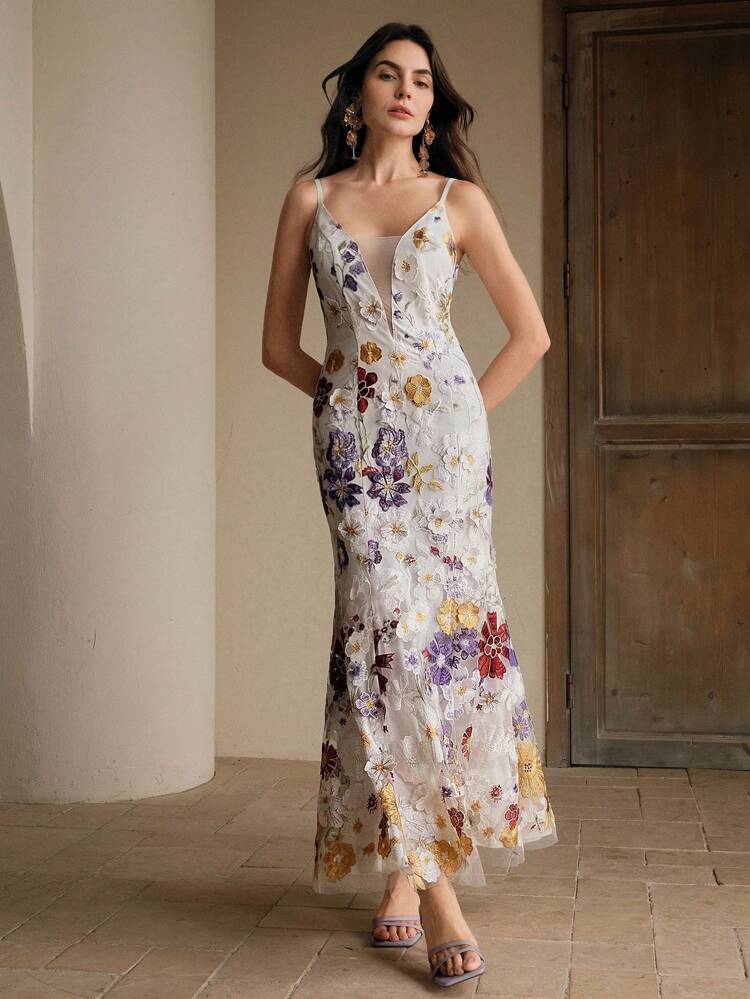 Embroidered Floral V-Neck Cinched Waist Mermaid Dress, Elegant For Dating, Spring/Summer, Festival, Graduation