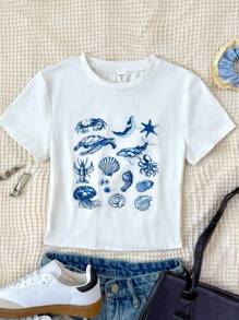 SHEIN Leap Crew 青少年女孩休闲蓝色海洋生物图案白色圆领短袖 T 恤，修身款，夏季度假 - 白色 - 查看 1