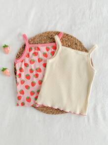 Loomiva 2pcs Baby Girl Strawberry Pattern Knitted Soft Camisole Top Set - Multicolor - View 2