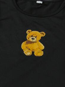 3pcs Girls Teen Outfit Set - Black Top With Cute Bear Graphic, Brown Bear Print Long Pants And Shorts, Short Sleeve, Spring/Summer Homewear - Multicolor - View 4