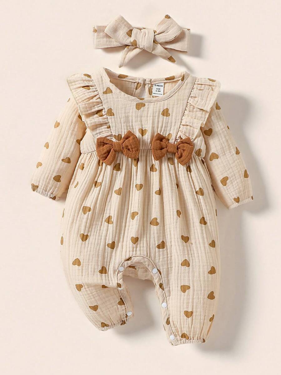 SHEIN 嬰兒女孩心形印花荷葉邊蝴蝶結前扣連體衣連髮箍