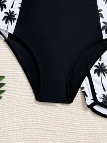 SHEIN 女童连体泳衣，女童海滩度假泳装，椰子树印花连体泳衣 - 黑色 - 查看 5