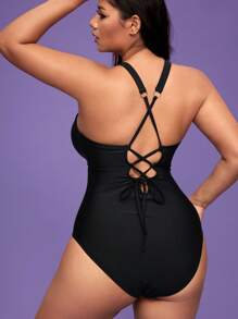 Shapewave Plus Size Women's One-Piece Solid Black Sexy Backless Comfortable Swimsuit, Suitable For Beach Vacation For Summer