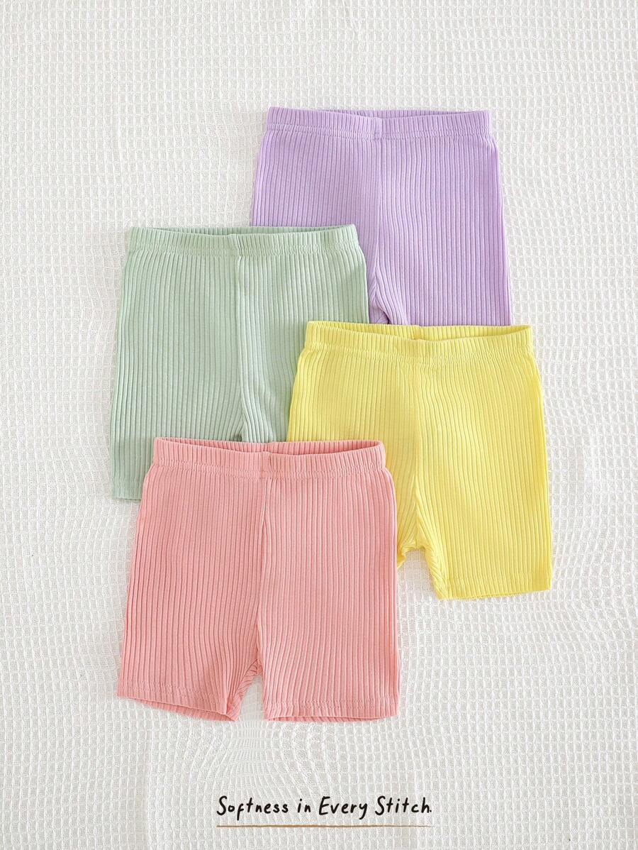 Cozy Pixies 4pcs Baby Girls' Solid Color Knit Soft Elastic Waist Casual Shorts Set - Pink - View 1