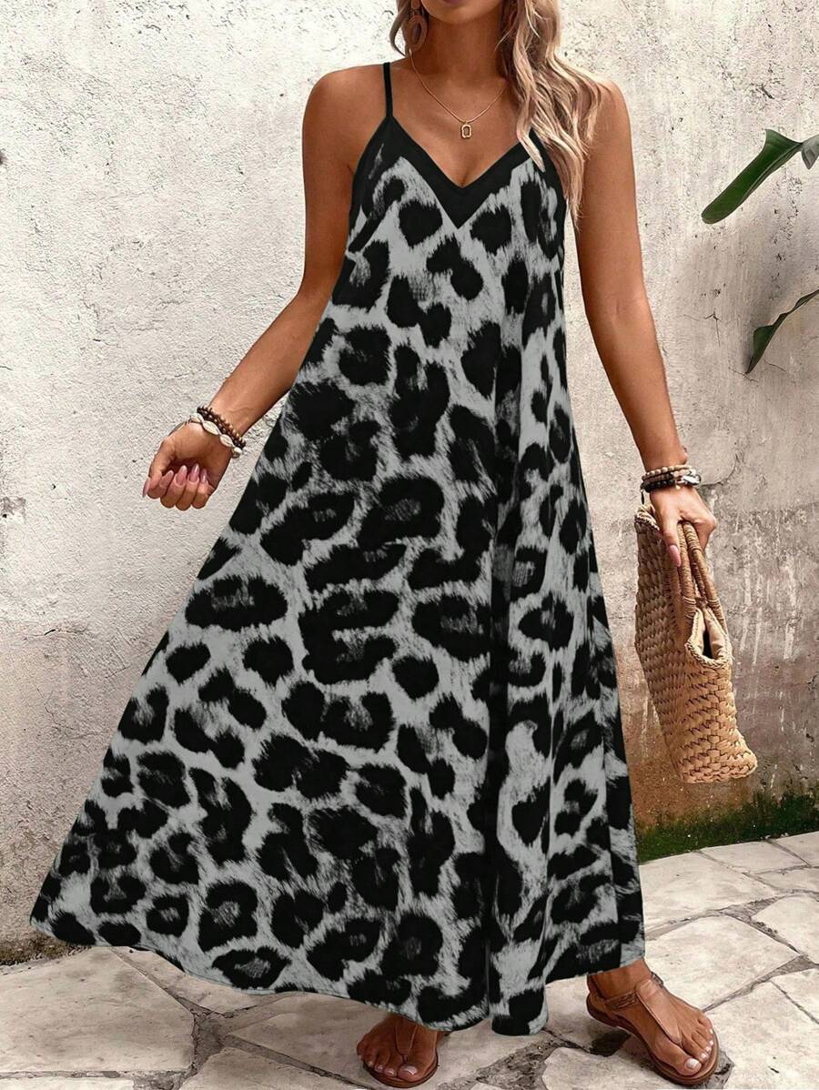 SHEIN Holidaya Plus Size Women Leopard Print Flowy A-Line Loose Dress, Casual Vacation Daily Wear Spaghetti Strap Long Dress - Grey - View 1