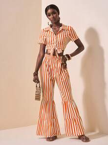 Slaydiva Bộ 2 món Xuân/Hè mới dành cho nữ - Áo crop top in sọc có cà vạt & chi tiết nhún bèo, kết hợp với quần ống rộng. Thích hợp cho lễ hội âm nhạc, lễ Phục sinh, Nashville, sinh nhật, tốt nghiệp, trang phục thường ngày, kỳ nghỉ, du lịch du thuyền, bãi biển, tắm nắng - trái cam - Xem 6