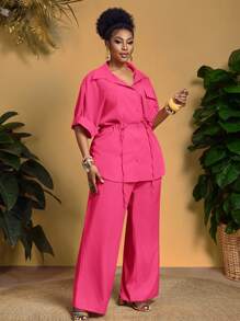 Slaydiva Plus Size Women 2pcs Set Elegant Commuting & Vacation Chest Pocket Cinched Waist Shirt And Pants - Hot Pink - View 4