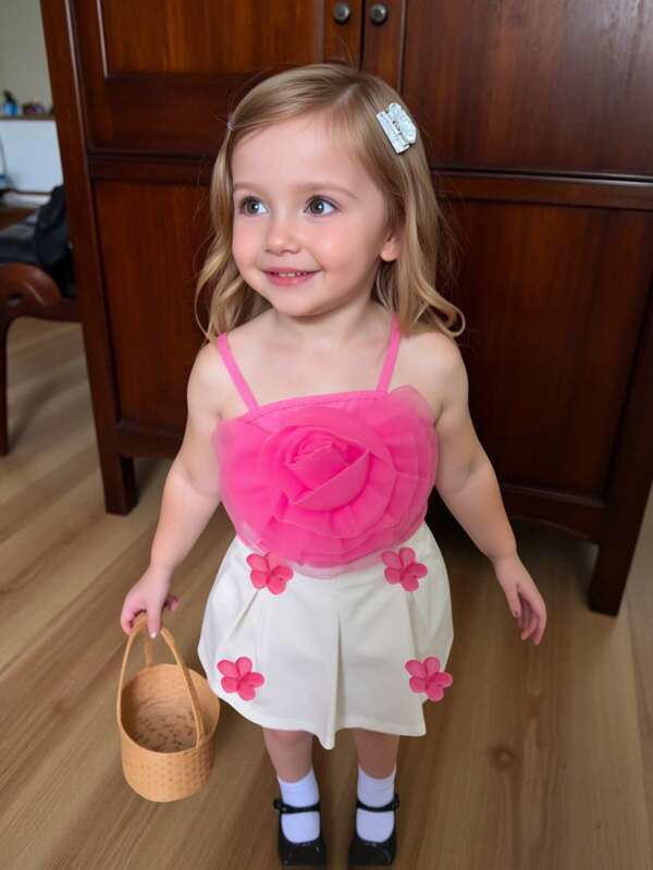 Conjunto de verano para bebé/niña pequeña con top de tirantes finos de estilo elegante y dulce con estampado floral rosa y shorts blancos a juego