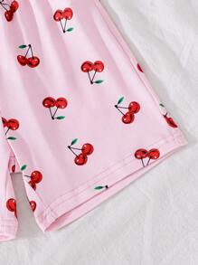 New Casual Cherry Print Short Sleeve T-Shirt And Shorts 2pcs/Set Summer Girls Young Comfy Pajamas Summer Pj Sets Young Girls Casual Sets Young Girls Clothing Outfit Young Girl Short Sets Young Girl 2 Pieces Outfits - Pink - View 8