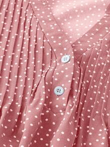 Linhara Plus Size Women Polka Dot V-Neck Ruched Puff Sleeve Blouse - Pink - View 3