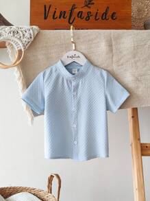 SHEIN Vintaside Kids Young Boy Summer Light Blue Standing Collar Shirt