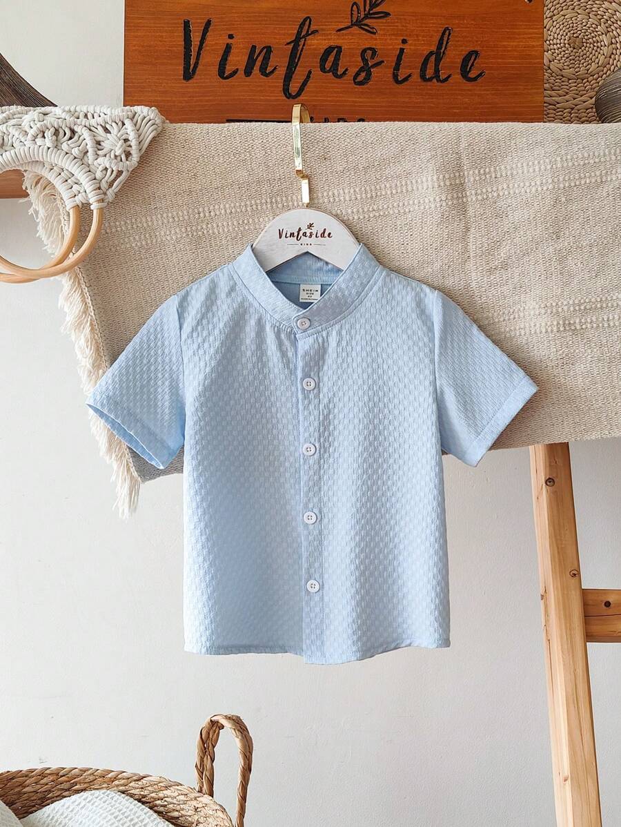SHEIN Vintaside Kids Young Boy Summer Light Blue Standing Collar Shirt