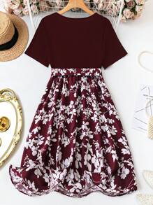 DreamSkyne Plus Size Summer Elegant Floral Print Patchwork Short Sleeve Dress