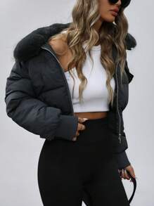 GENKIRA Urban Fashionable Cropped Turn-Quilted Collar Cinched Waist Metal Zipper Fluffy Collar Pocket Flight BomberPadded Insulated Polyfill Synthetic Insulation Winter Coat Winter Jacket Jacket Fall Cloth For Women - Dark Grey - View 3