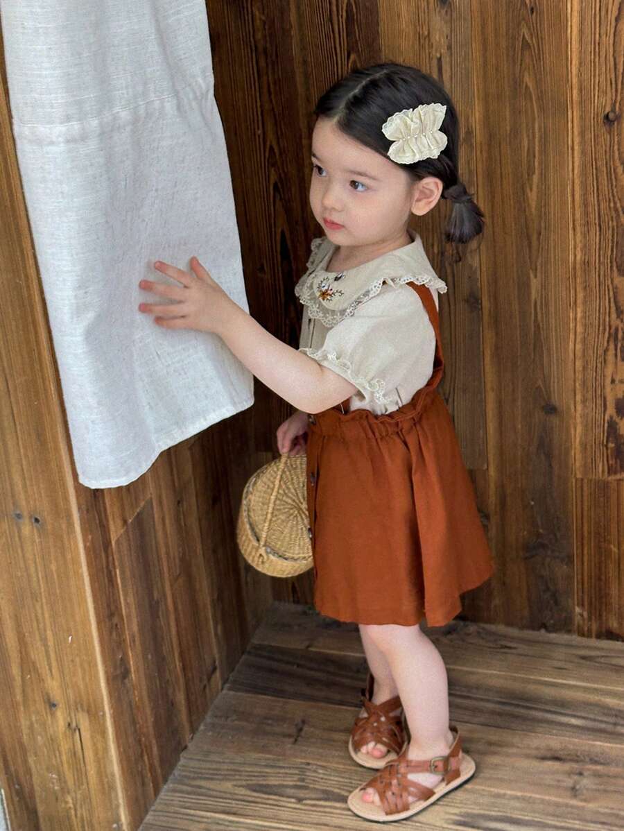 SHEIN Vintaside Kids Baby Girl Floral Embroidered Puff Sleeve Shirt And Suspender Skirt 2 Pieces Set - Multicolor - View 1
