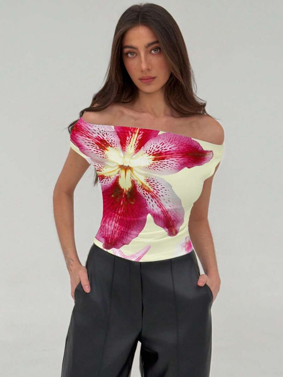 Aloruh Casual Minimalist Short Sleeve Women Tops For Summer Off The Shoulder Top - Multicolor - View 1