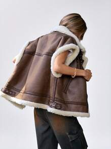 Aveloria Affinna Fashionable Fluffy-Trimmed Fleece Patchwork Thicken Vest Jacket Faux Leather Aviator Jacket With Borg Lining 