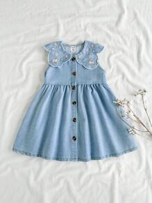 SHEIN Vintaside Kids Babygirl Infant/Toddler Girl Summer Fashionable Big Collar Real Denim Embroidered Dress, Suitable For Camping And Home Wear, Very Suitable For Summer Season Design, Both Practical And Stylish For Outdoor Or Home Leisure Time - Blue - View 3
