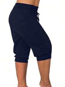 Pantalones capri casuales y versátiles de unicolor con cordón en la cintura para mujeres de talla grande