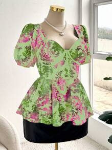 SHEIN Unity Plus Size Women's Floral Print Sweet Heart Collar Short Puff Sleeve Blouse - Multicolor - View 1