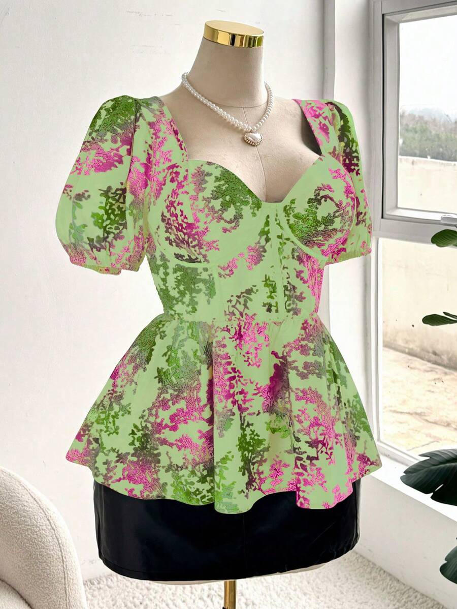 SHEIN Unity Plus Size Women's Floral Print Sweet Heart Collar Short Puff Sleeve Blouse - Multicolor - View 1