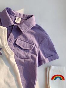 3pcs/Set Young Boy Solid Color Collar Short Sleeve Shirt, Letter Print Knit Soft Round Neck Tank Top And Elastic Waist Shorts - Purple - View 9