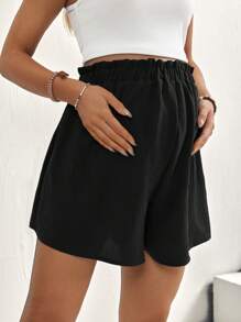 SHEIN Pregnant Women's Solid Color Adjustable Waist Wide Leg Loose Casual Shorts - Black - View 6
