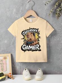 幼儿男童休闲时尚创意卡通水豚字母标语图案印花基本款短袖 T 恤