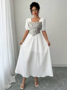 Rafferiza Floral Contrast Color Square Collar Casual Elegant Holiday Concert Western Ladies Spring/Summer Long Dress - White - View 5