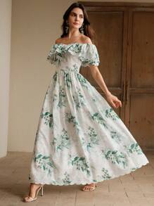 Anewsta 优雅花卉印花 A 字型束腰连衣裙，春夏季女士 - 白色 - 查看 6