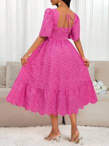 SHEIN Lady Váy dài vừa phải thêu khoét rỗng màu trơn thanh lịch dành cho nữ, mùa hè - Màu Hồng Tươi - Xem 2
