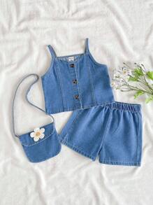 SHEIN Vintaside Kids Babygirl 女婴夏季无袖时尚牛仔吊带背心搭配百搭休闲水洗牛仔短裤套装，适合夏季旅行、沙滩游玩、参加朋友聚会 - 藍色 - 查看 3