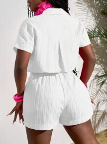 Slaydiva Bộ đồ liền thân màu trơn tay ngắn có túi nút, eo rút dây cho nữ, mùa hè - trắng - Xem 2