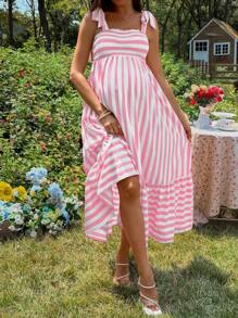 SHEIN Maternity Spaghetti Strap Tied Waist Long Striped Dress - Baby Pink - View 4