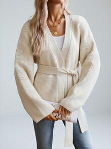 Aveloria Modichic Drop Shoulder Belted Cardigan Oversized Sweater  Fall Winter Cloth For Women - Beige - View 4