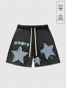 ROMWE MEN Herren Shorts mit abgenutzter Stickerei-Buchstaben und Kordel-Taillenbund, Streetwear