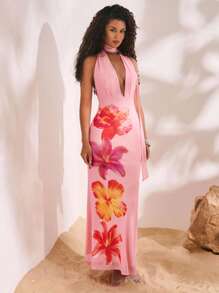 Opulessa Women's Pink Boho Maxi Dress: Sleeveless Halter Neckline Knitted Floral Print Beach Dress For Summer - Pink - View 4