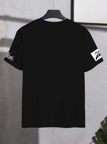 PAVTROS Camiseta de manga corta casual y holgada con cuello redondo y estampa gráfica de letras para hombre - Negro - Ver 2
