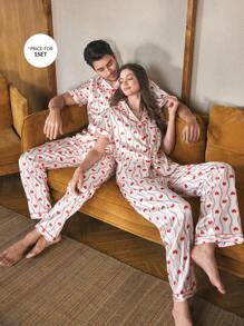 SHEIN Men's Satin Heart Wavy Printed Lapel Cardigan Pajama Set - Multicolor - View 1